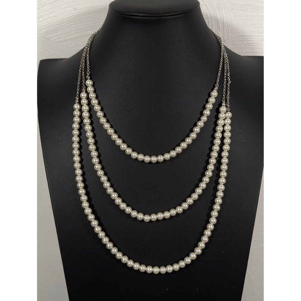 White Glass Faux Pearl Silver Tone Layered Necklace Elegant Multi Strand 17.5in